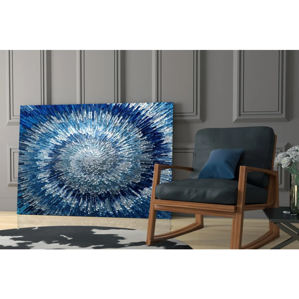 Stunning blue radial burst glass wall art with shimmering textured patterns