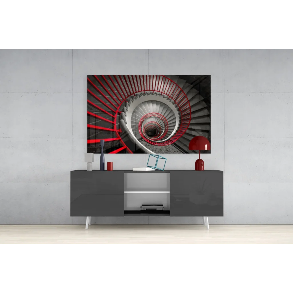 Bold red and gray spiral staircase glass wall art print