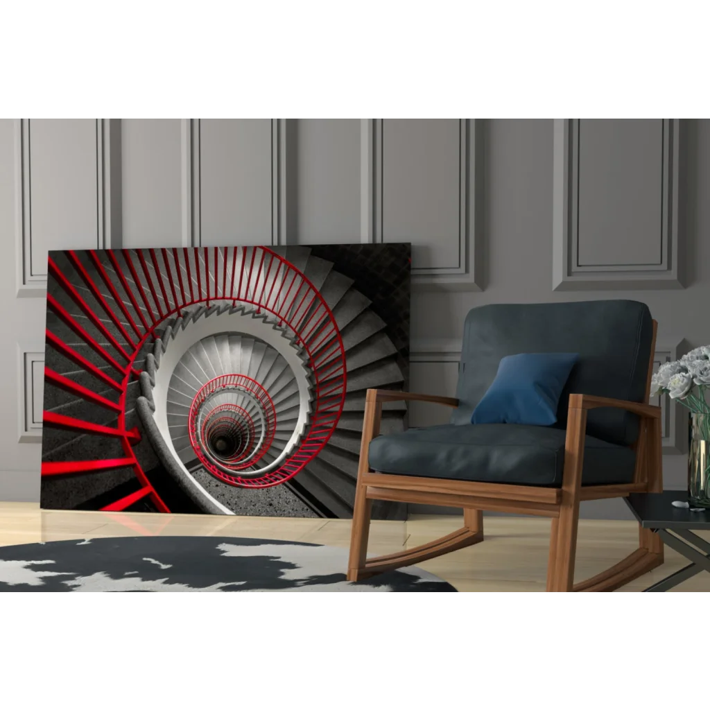 Bold red and gray spiral staircase wall art canvas print