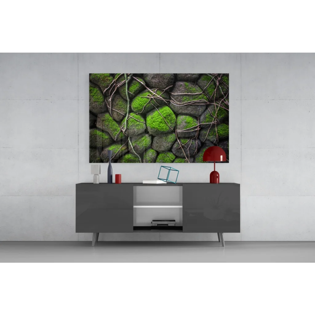 Mossy stone glass wall art canvas print with textured vines and moss-covered stones