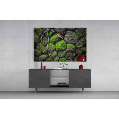 Mossy stone glass wall art canvas print with textured vines and moss-covered stones