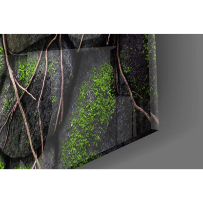 Mossy stone glass wall art with green moss and vines on textured canvas