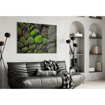 Mossy stone glass wall art with close-up vines and moss-covered rocks
