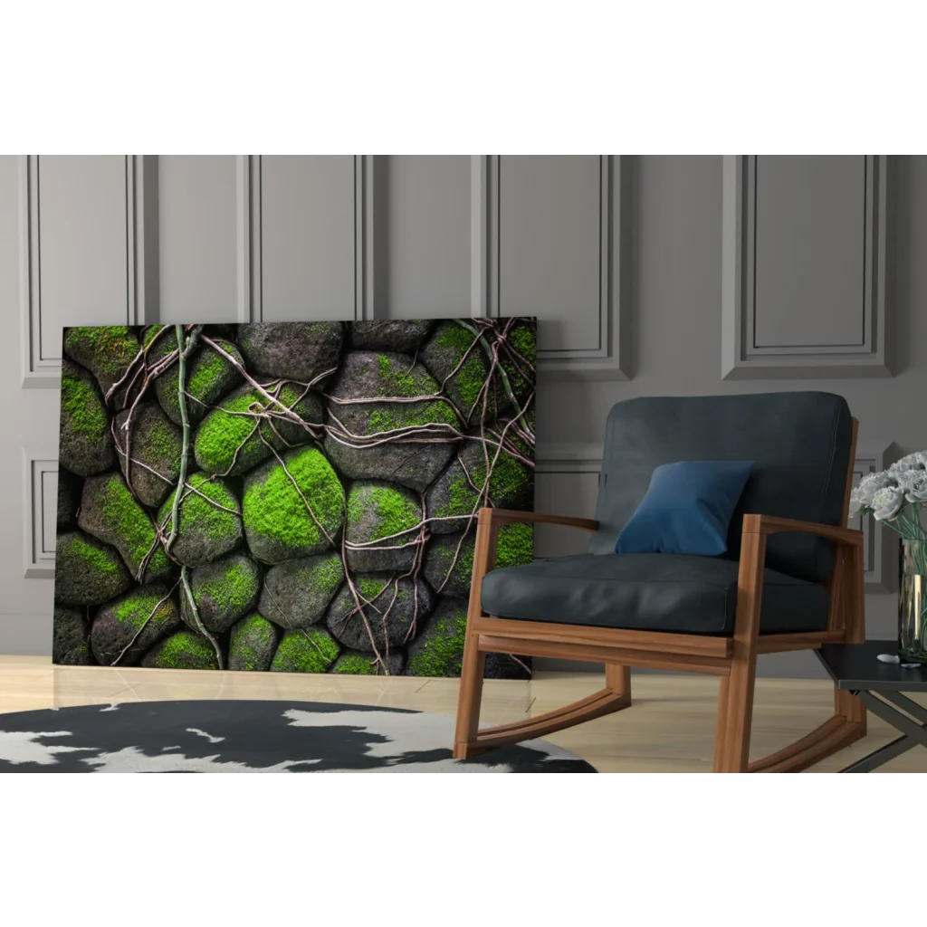 Mossy stone glass wall art canvas print with green moss and vines