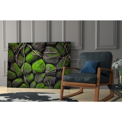 Mossy stone glass wall art canvas print with green moss and vines