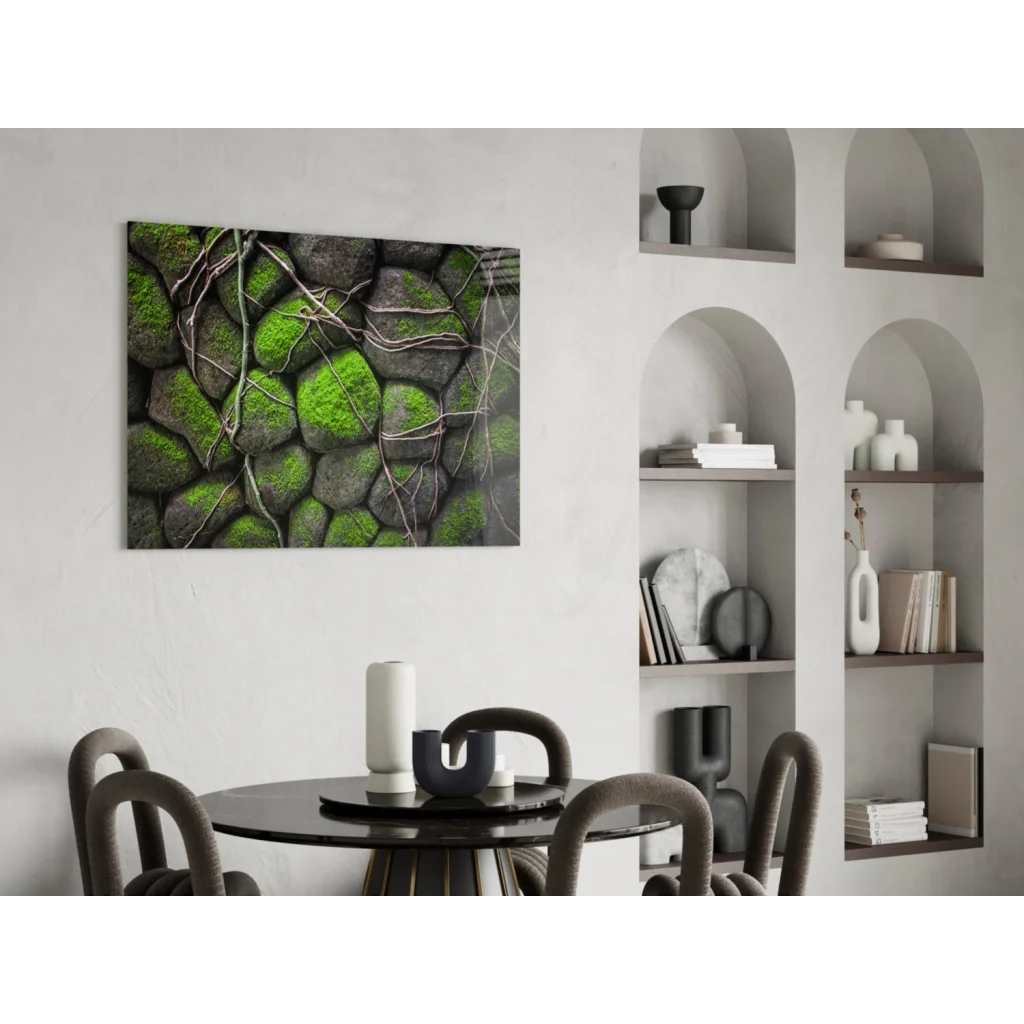 Mossy stone glass wall art with close-up vines and stones