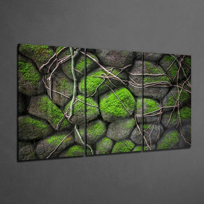Lush Green Moss Stone Wall Art Three Panel Canvas Set | Glass Wall Art Print | vintageantiquesgifts.com