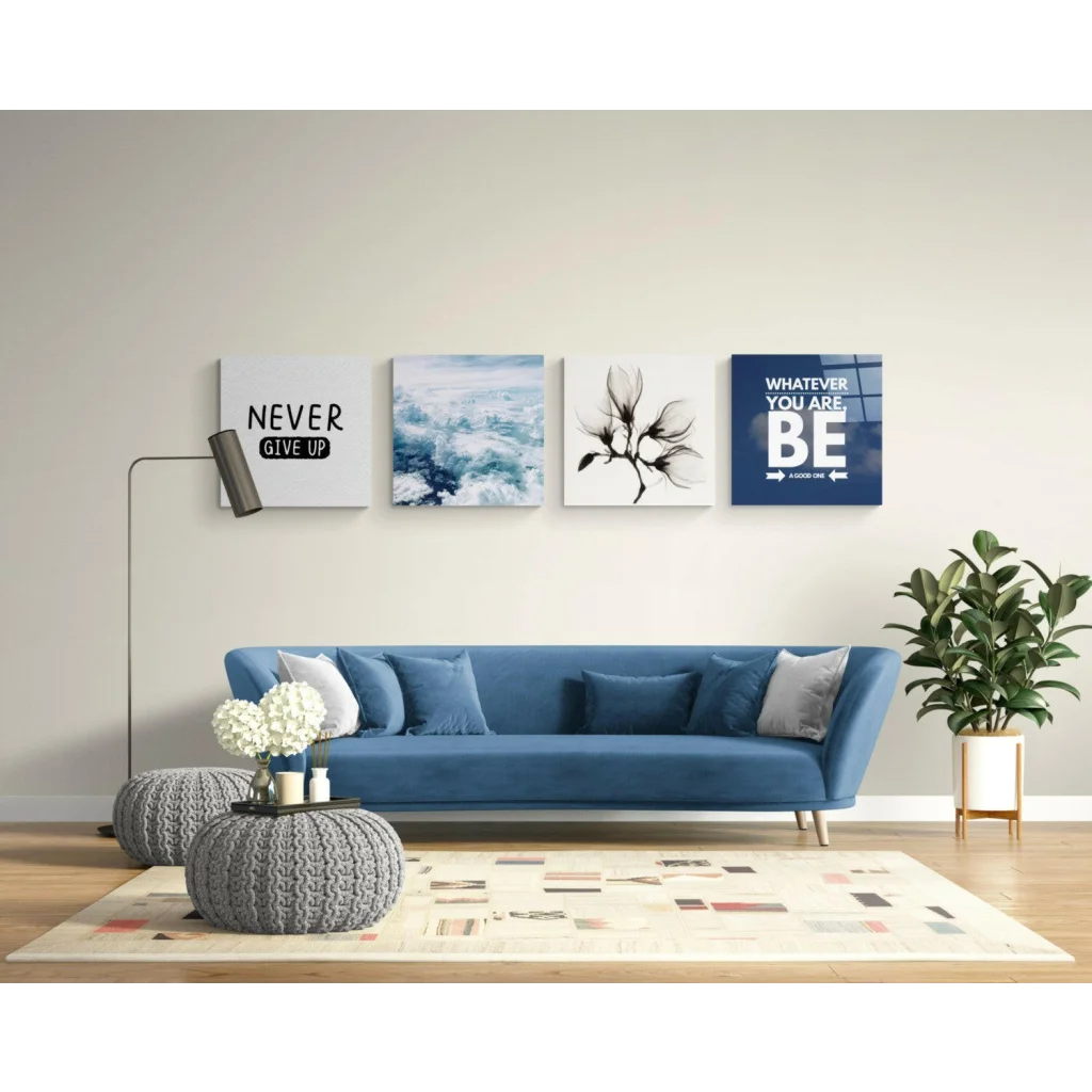 Stunning glass wall art with blue velvet sofa and cushions