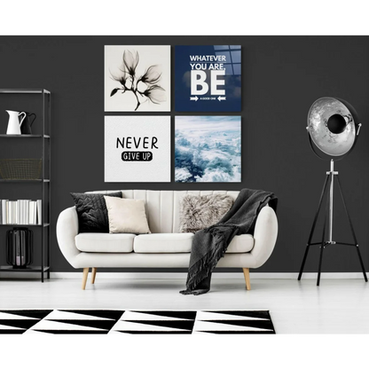 White sofa with wooden legs and pillows near stunning glass wall art