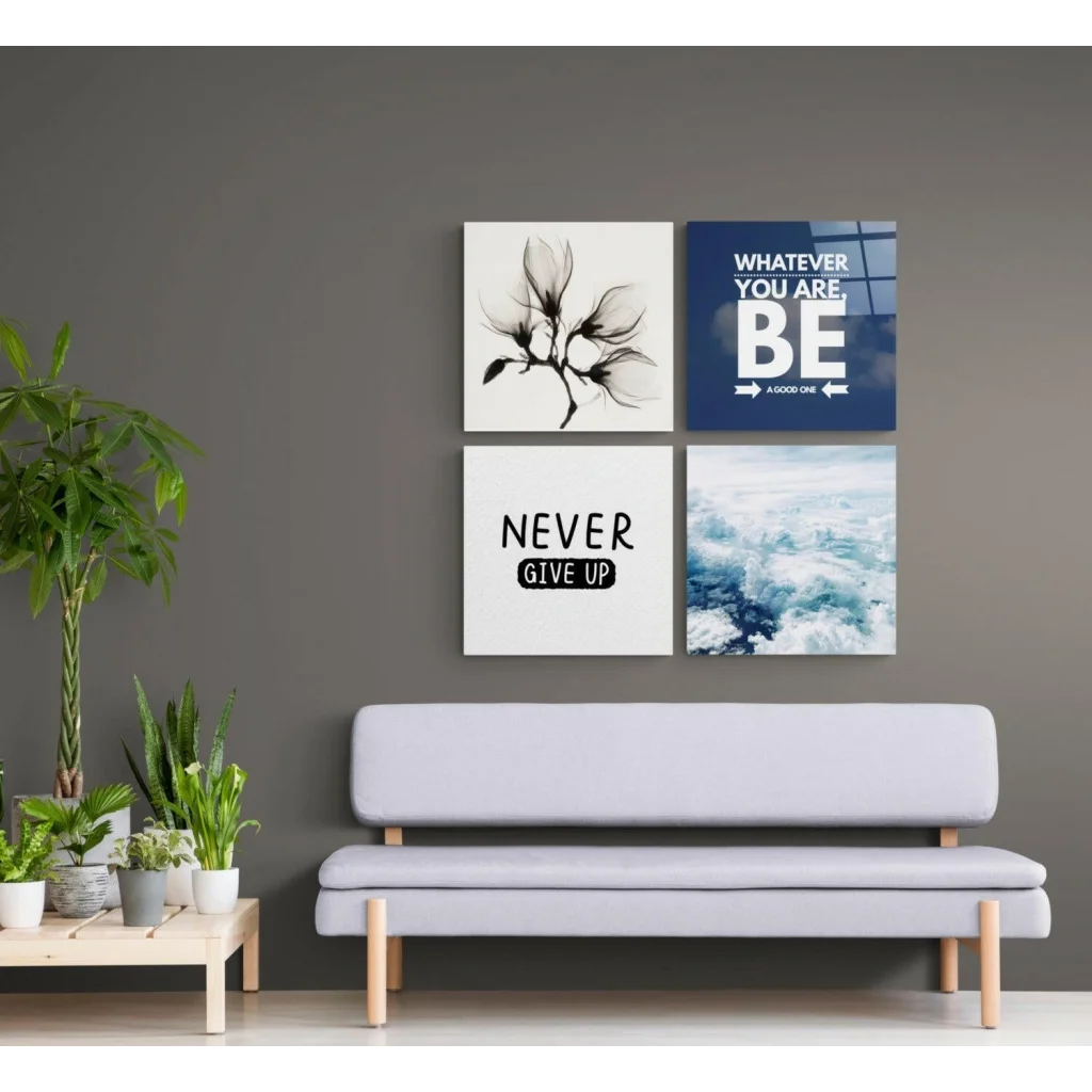 Light gray upholstered bench with wooden legs and glass wall art