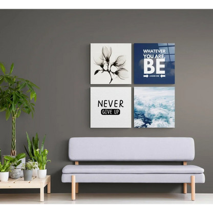 Light gray upholstered bench with wooden legs and glass wall art