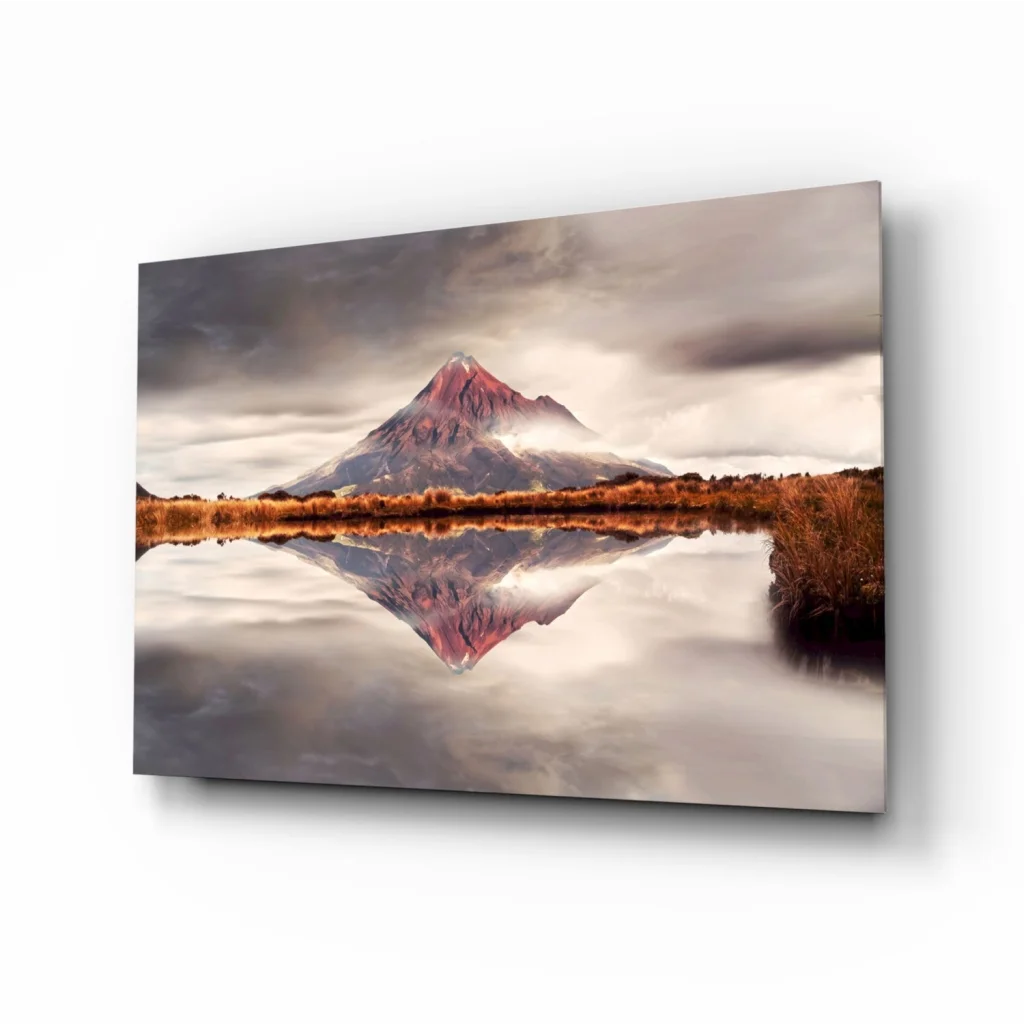 Majestic pink mountain glass wall art with water reflection