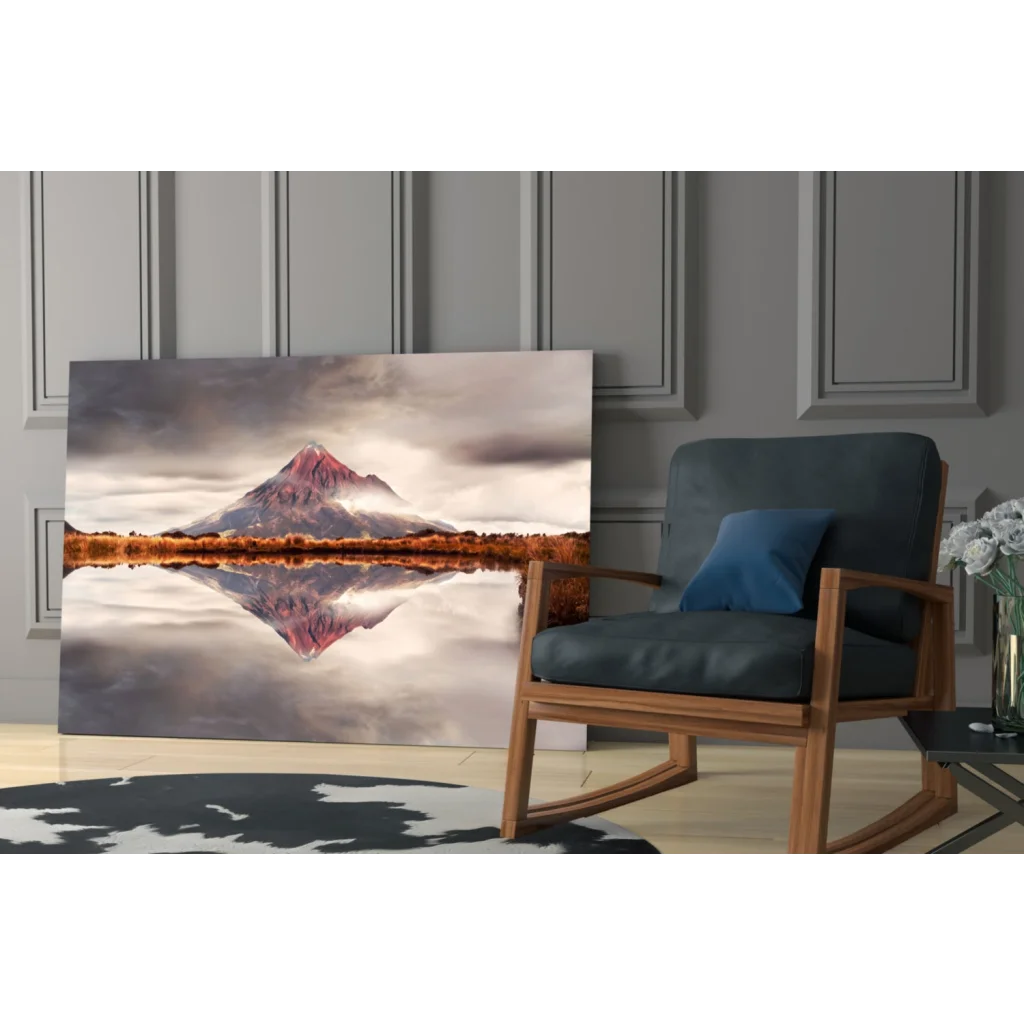 Stunning pink mountain glass wall art with water reflection