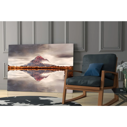 Stunning pink mountain glass wall art with water reflection