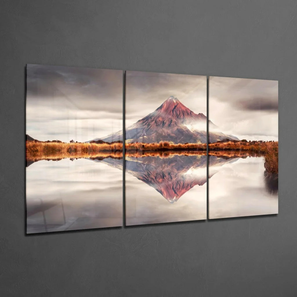 Majestic mountain reflection triptych canvas wall art in pink and gray hues