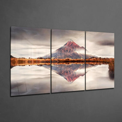 Majestic mountain reflection triptych canvas wall art in pink and gray hues
