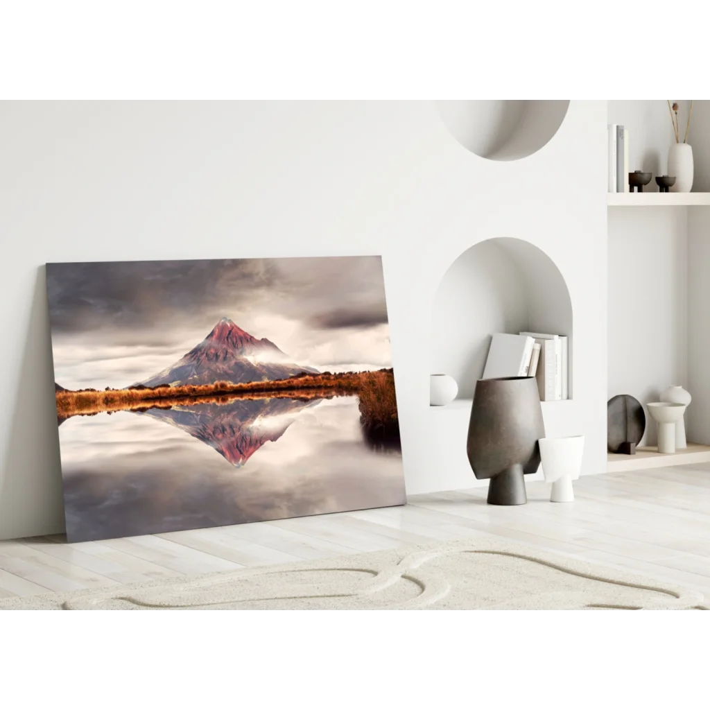 Stunning pink mountain glass wall art with water reflection on canvas