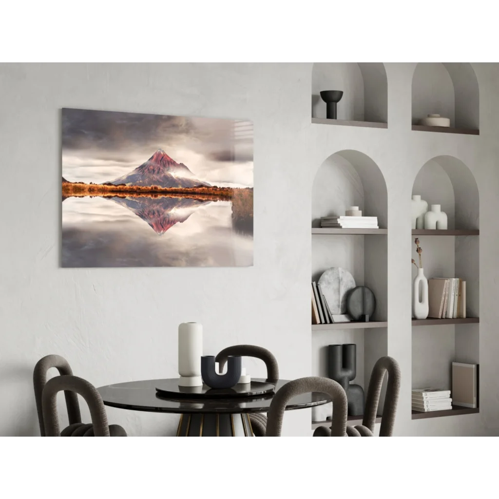 Stunning pink mountain glass wall art with serene reflection