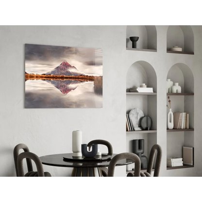 Stunning pink mountain glass wall art with serene reflection