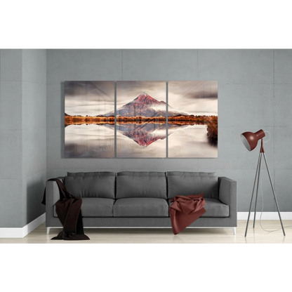 Stunning mountain reflection triptych canvas wall art with pink gray hues
