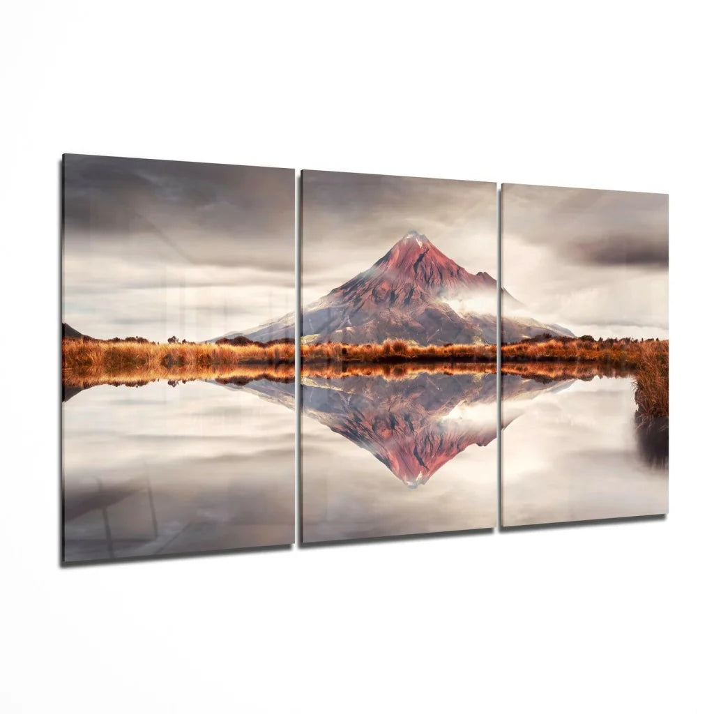 Majestic mountain reflection triptych wall art in pink gray hues