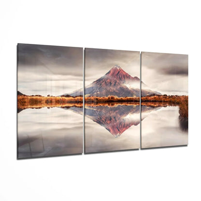 Majestic mountain reflection triptych wall art in pink gray hues