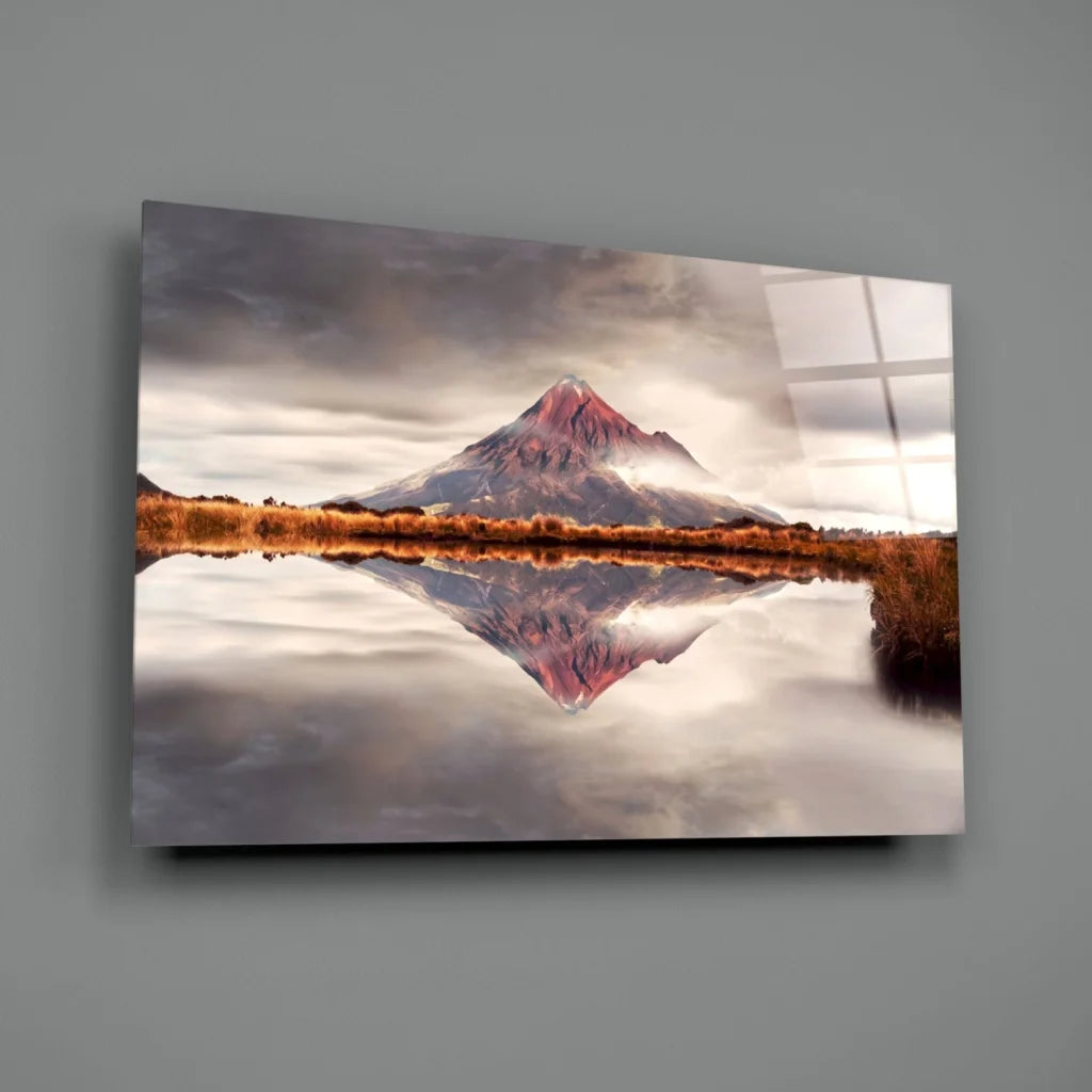 Stunning pink mountain glass wall art with water reflection