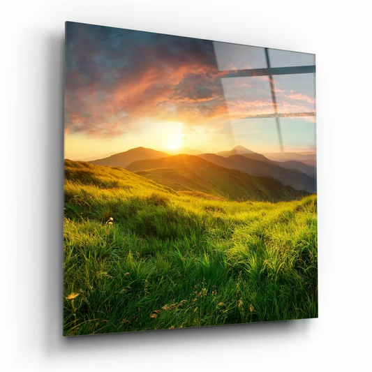 Golden Sunset Hills Glass Wall Art Print | Insigneart USA | vintageantiquesgifts.com