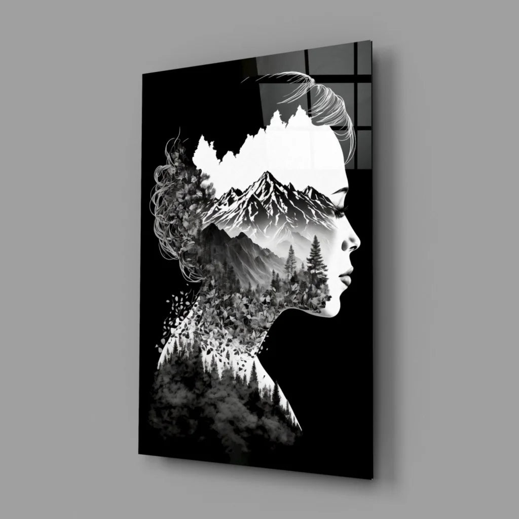 Black and white mountain silhouette double exposure wall art canvas