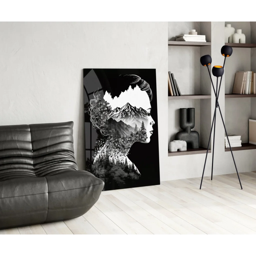 Stylized woman profile with mountain silhouette double exposure canvas wall art