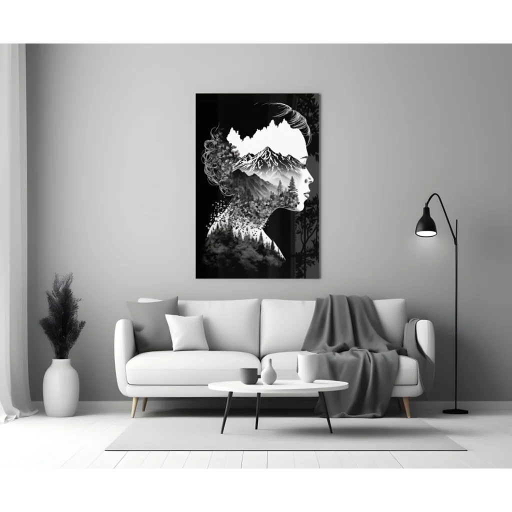 Black-and-white double exposure wall art of woman profile with mountains and forest