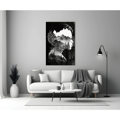 Black-and-white double exposure wall art of woman profile with mountains and forest