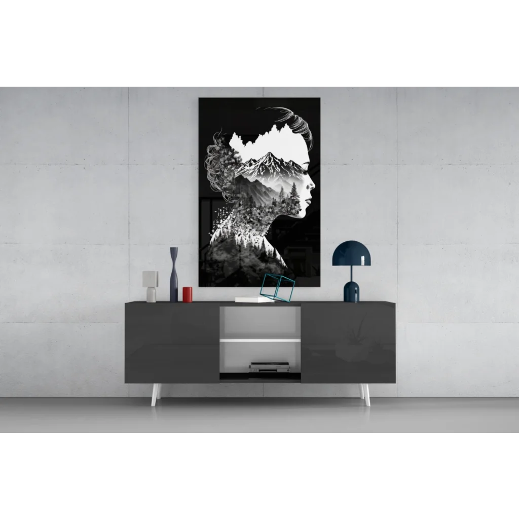 Black and white mountain silhouette woman profile canvas wall art