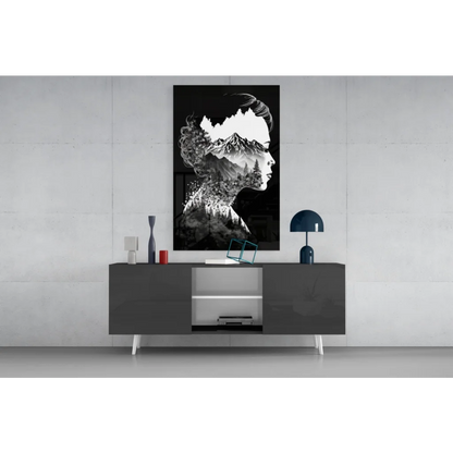Black and white mountain silhouette woman profile canvas wall art