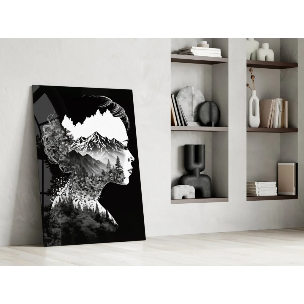 Black and white mountain silhouette woman profile wall art canvas print