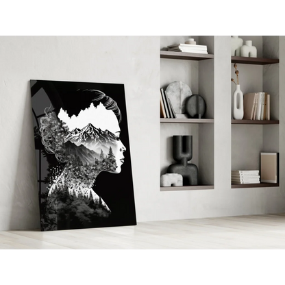 Black and white mountain silhouette woman profile wall art canvas print