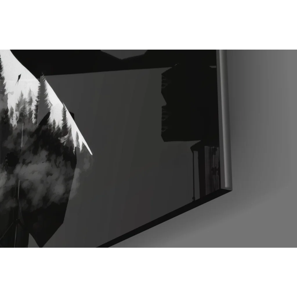 Black and white framed mountain silhouette wall art with pine trees