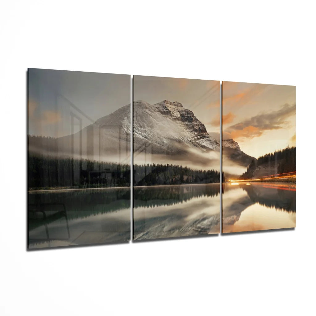 Sunset mountain glass wall art: snowy peak in misty waters at dusk