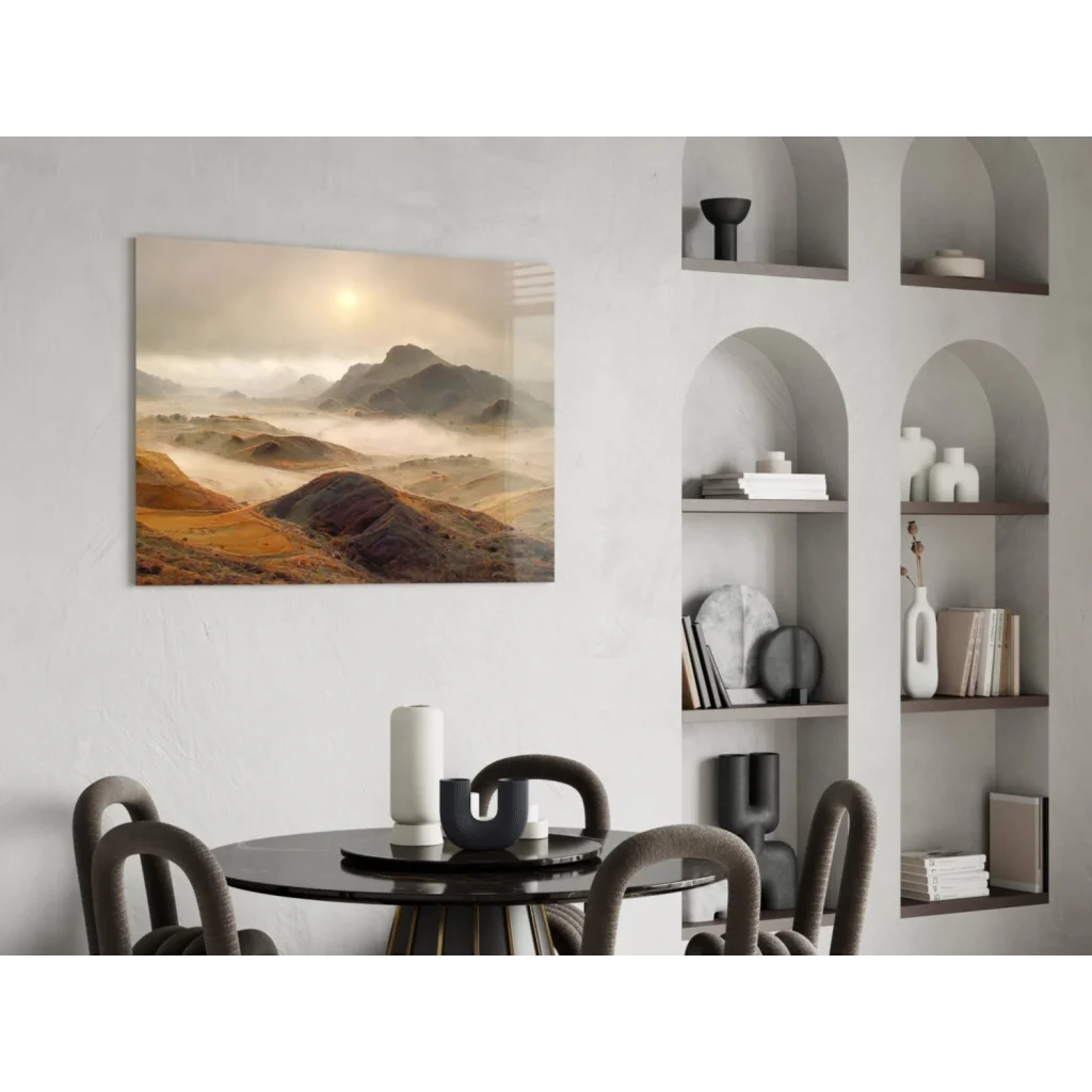 Misty Mountain glass wall art on white wall with golden earth tones