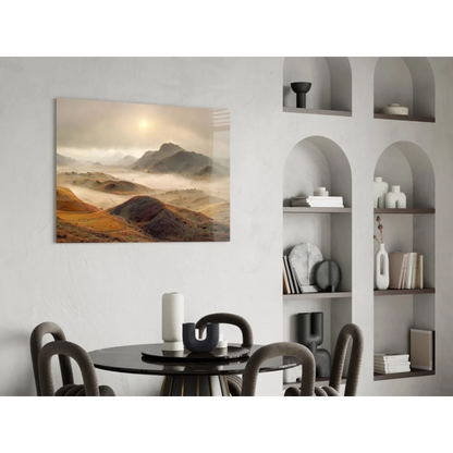 Misty Mountain glass wall art on white wall with golden earth tones