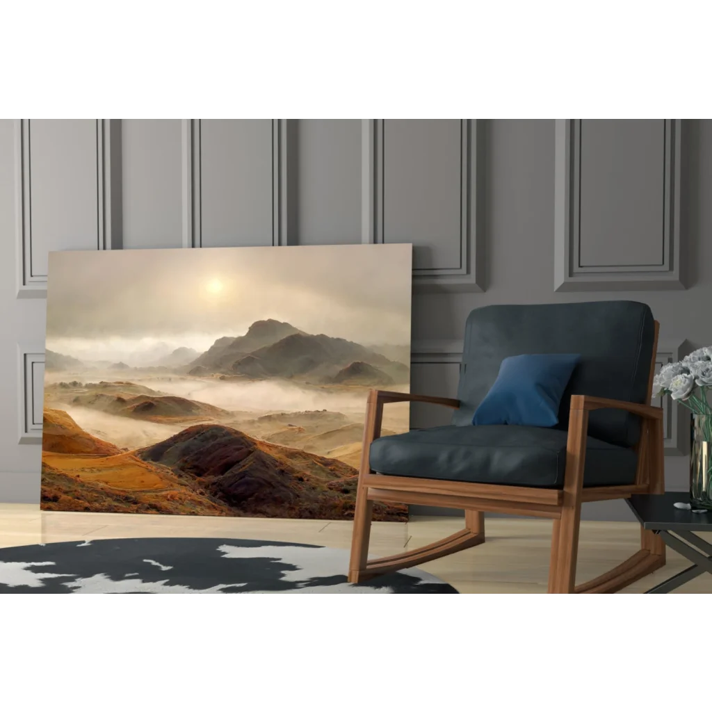 Misty Mountain glass wall art with golden earth tones on canvas