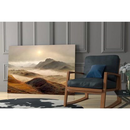 Misty Mountain glass wall art with golden earth tones on canvas