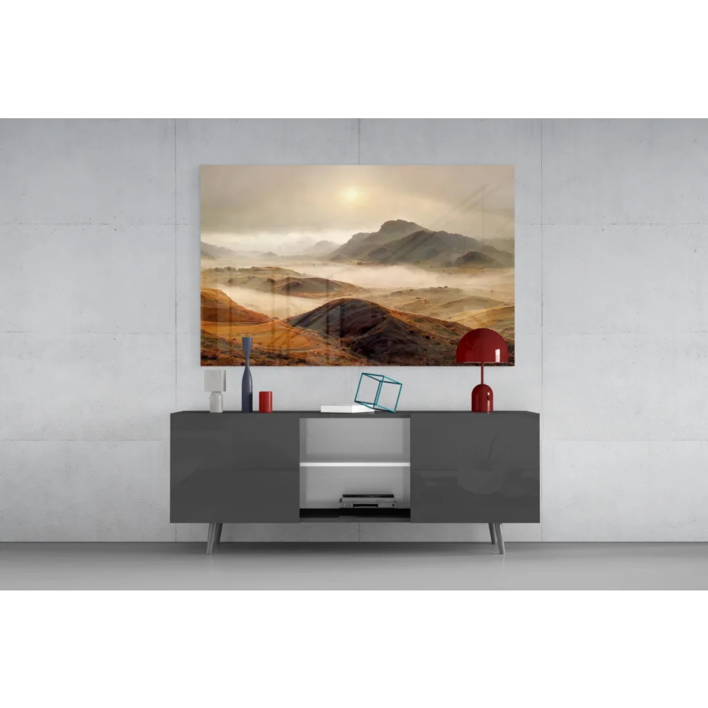 Modern gray console table with red lamp and Misty Mountain glass wall art