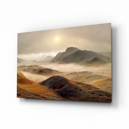 Misty Mountain glass wall art with golden earth tones in misty landscape