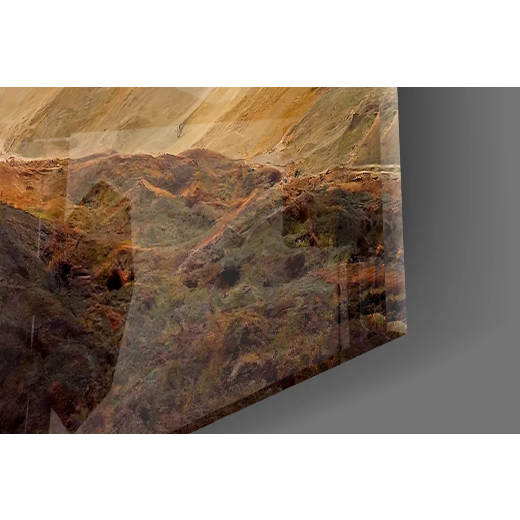 Misty Mountain glass wall art with rugged earthy tones