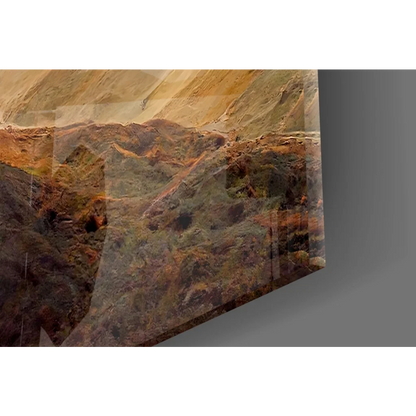 Misty Mountain glass wall art with rugged earthy tones