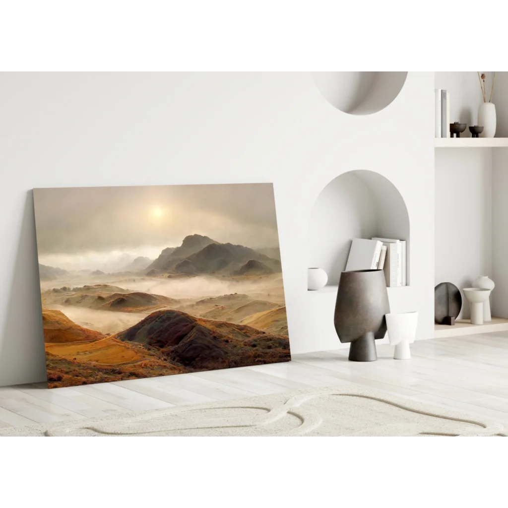Misty mountain glass wall art with golden earth tones on white wall