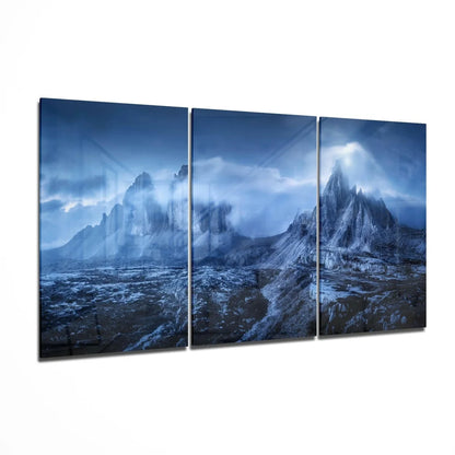 Stunning blue mountain glass wall art triptych canvas set