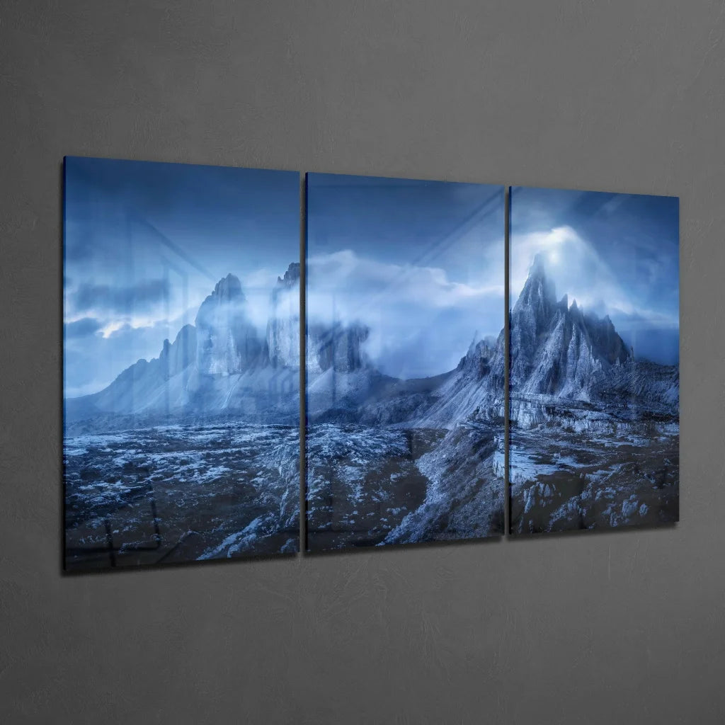 Stunning blue mountain glass wall art triptych canvas set