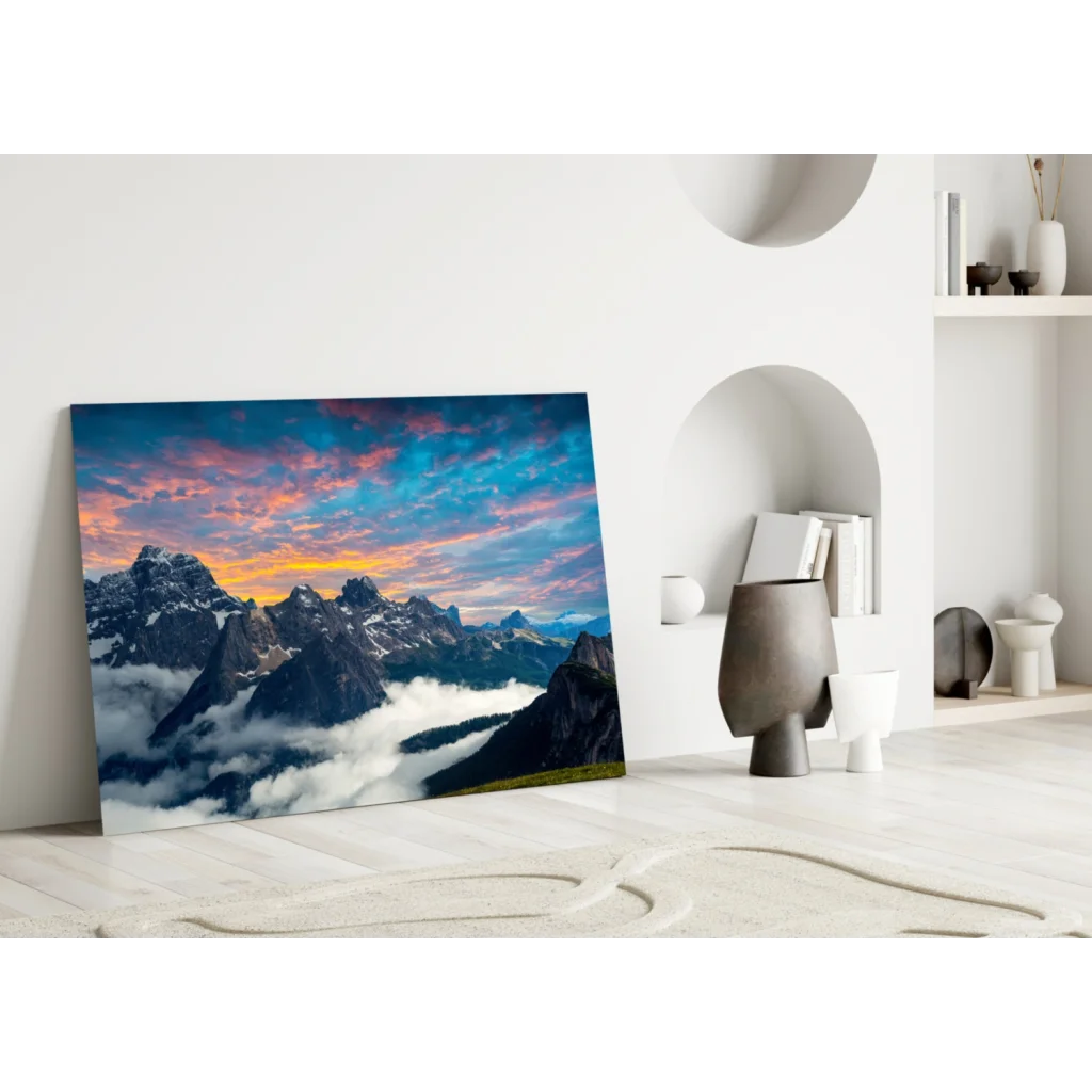 Stunning mountain sunset glass wall art with dramatic orange pink blue sky